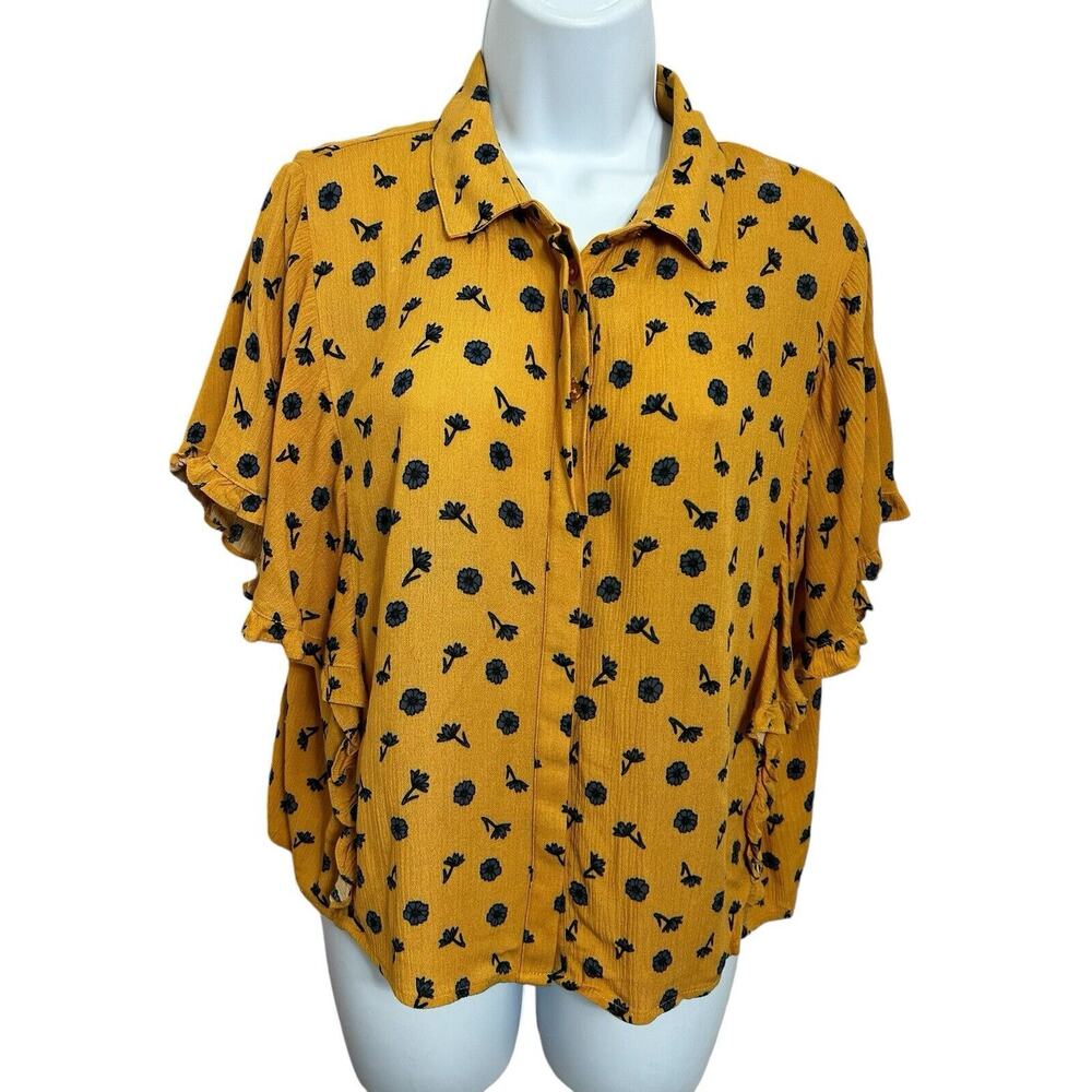 Elodie Mustard Yellow Floral Button Front Top Sz Large Dolman Sleeve Blouse